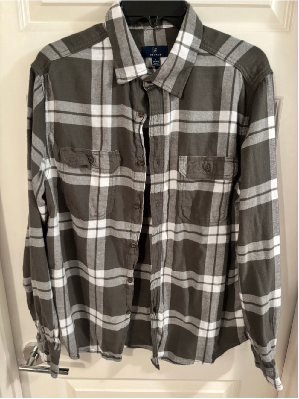 Men's George Casual Button Down Shirt, Size L, Olive and White Plaid